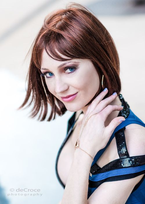 Stunning head-shot of Denver fashion model wearing Herve Leger dress. Blue Dress Model Headshot