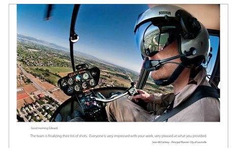 Print ad photography for helicopter service with text praising photographers work. Advertising Photographers Denver