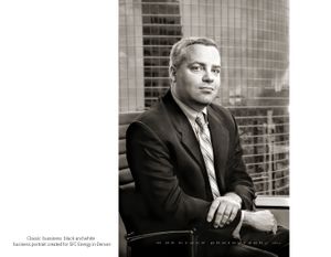 Denver business photographer DeCroce created this classic B&W business portrait for SFC Energy executive. Classic B&W Business Portrait