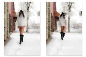 A Denver model walks in snow wearing nothing but fur coat. Cold Exposure