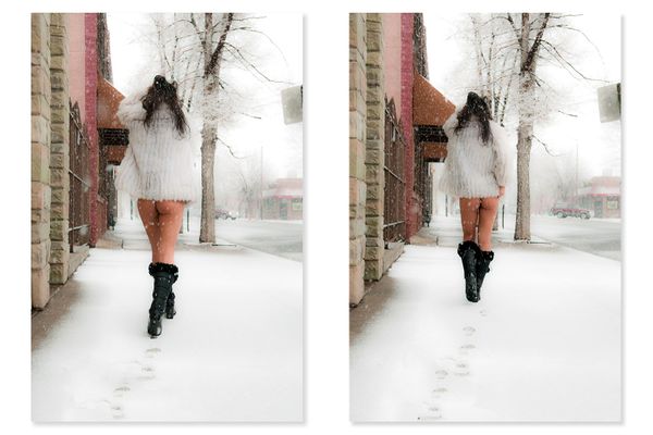 A Denver model walks in snow wearing nothing but fur coat. Cold Exposure