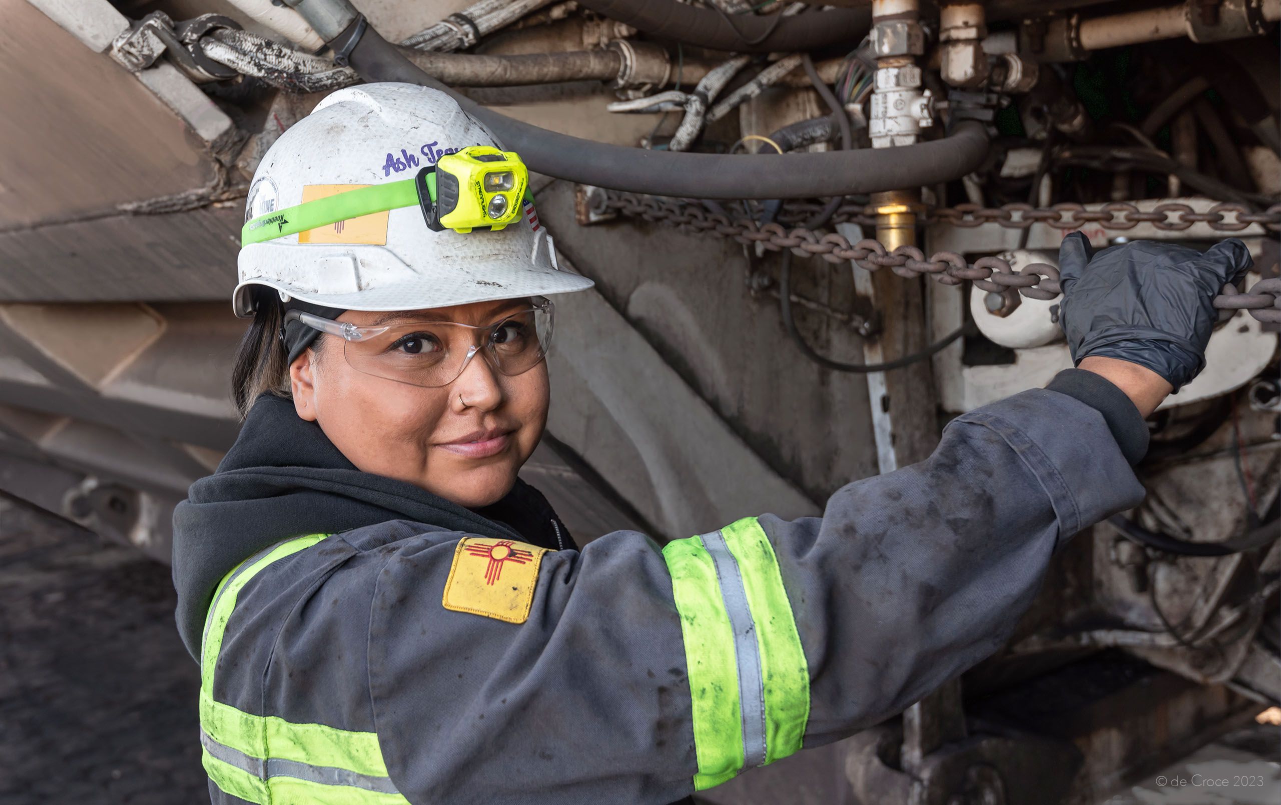 Industrial photography features young female Navajo mechanic in New Mexico coal mine. IndustrialPhotography Female Mechanic Navajo Mine New Mexico - CLIENT_NTEC