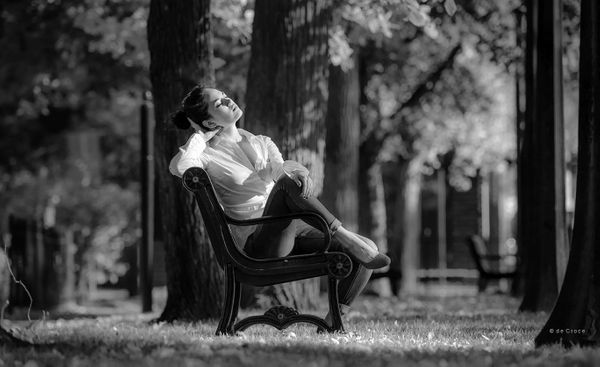 Rock star singer composed music on park bench Woman on Bench © 2017