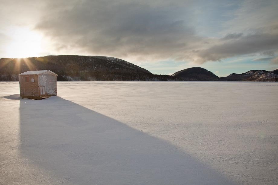 Ice fishing shack at Eagle Lake in Acadia National Park.