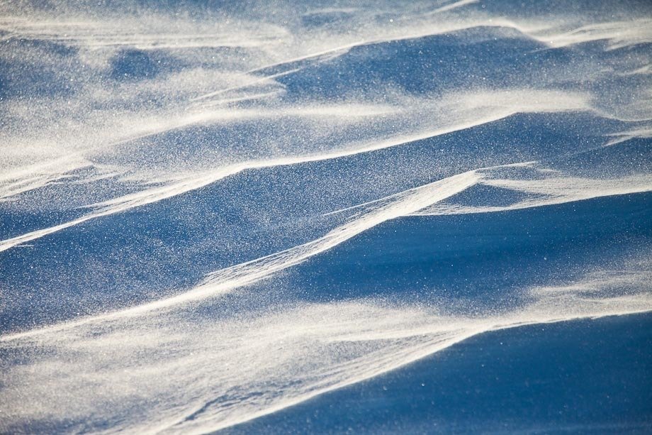 Blowing snow on the top of Cadillac Mountain in Acadia National Park.