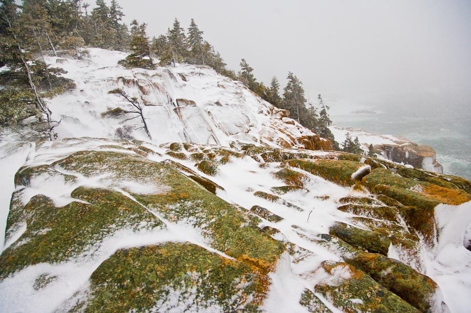 Snow and ice on rocks in Acadia National Park during a Winter Storm