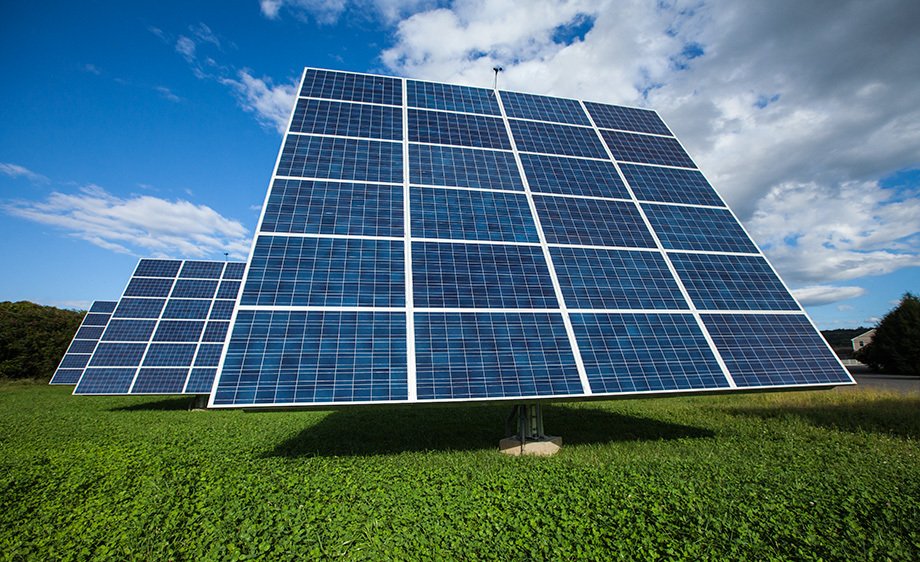Sun-Tracking solar panels in a field in Vermont