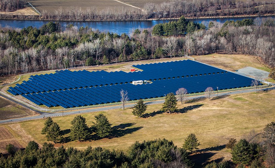 Aerial image of a solar array in Northfield, Massachussetts.