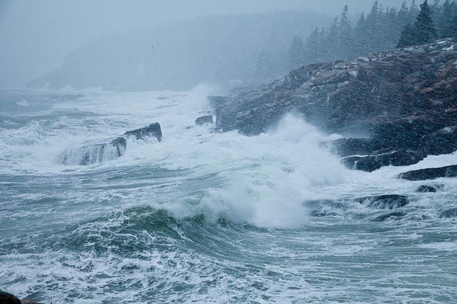 Crashing waves during a Winter storm in Acadia National Park.