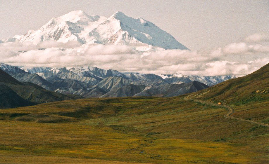 Bus in Denali National Park, Alaska, heading towards Mt. McKinley.
