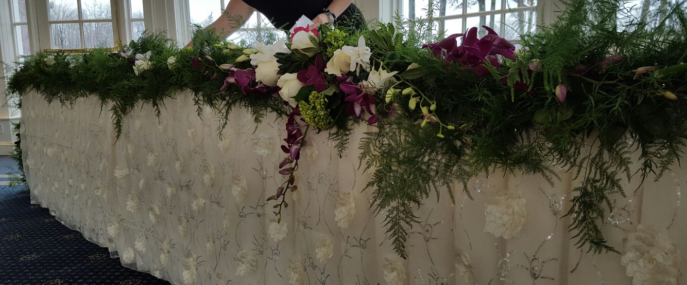 Wedding, flowers, reception, venue, décor, Cherry Creek, bridal party table, classic, elegant, elegance, romantic, greenery garland Bridal Party Table, Cherry Creek