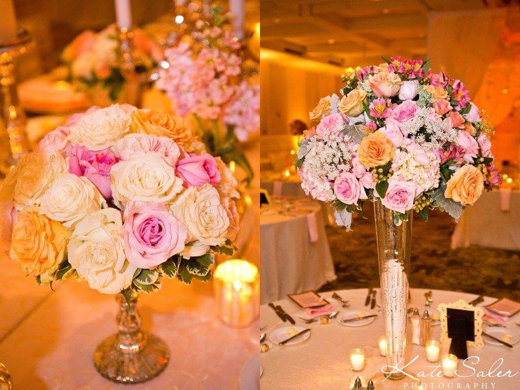 wedding, reception, décor, flowers, low centerpiece, romantic, classic, elegant, vase, vases, tall, elevated, mercury glass, compote bowl, roses, pink, peach, Royal Park Hotel Mercury Glass, Royal Park Hotel