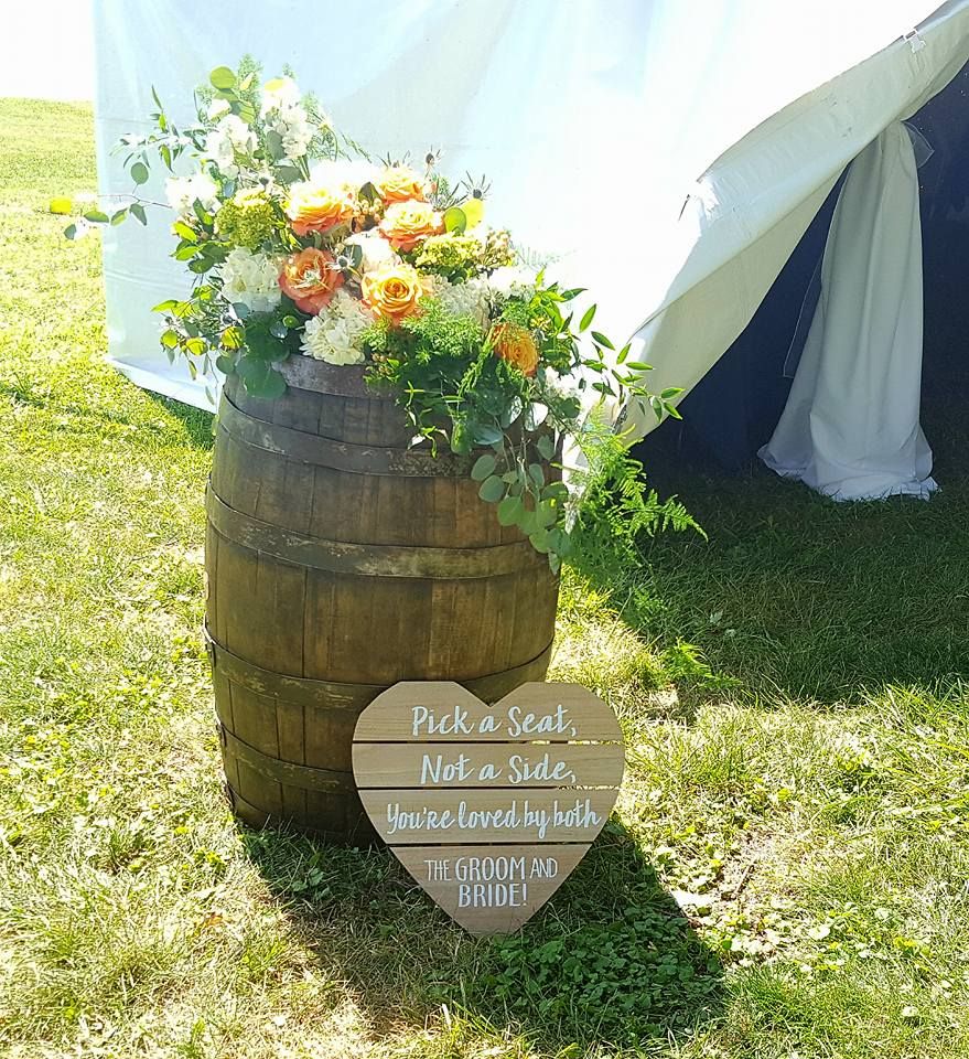 Backyard wedding, reception décor, entrance flowers, tent, wine barrel, coral, ivory, rustic, vintage Reception Entrance