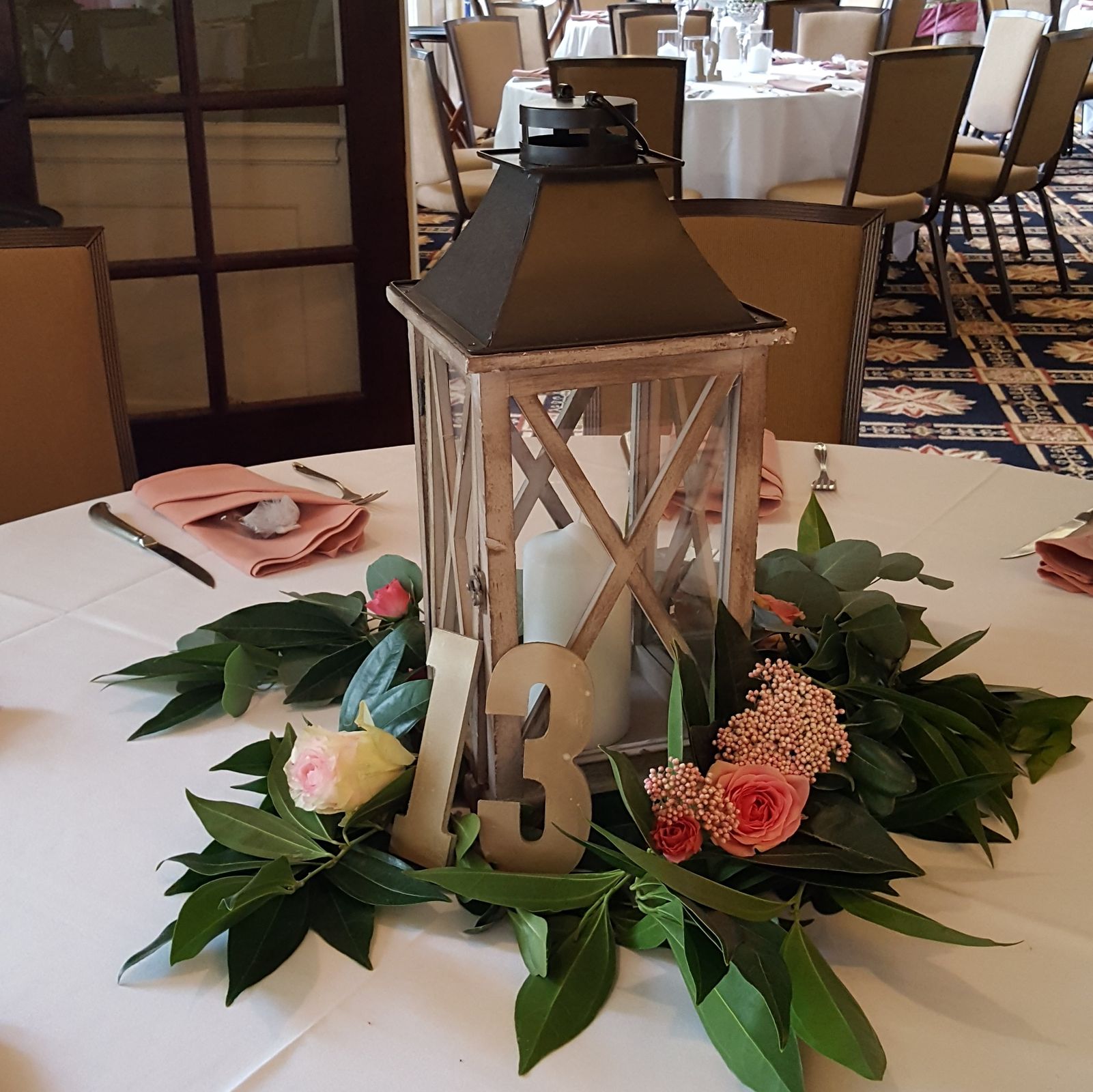 wedding, reception, décor, flowers, low centerpiece, romantic, classic, elegant, rustic, lantern, lanterns, candle, candles, ring, greenery, Oakhurst Wood Lantern, Oakhurst