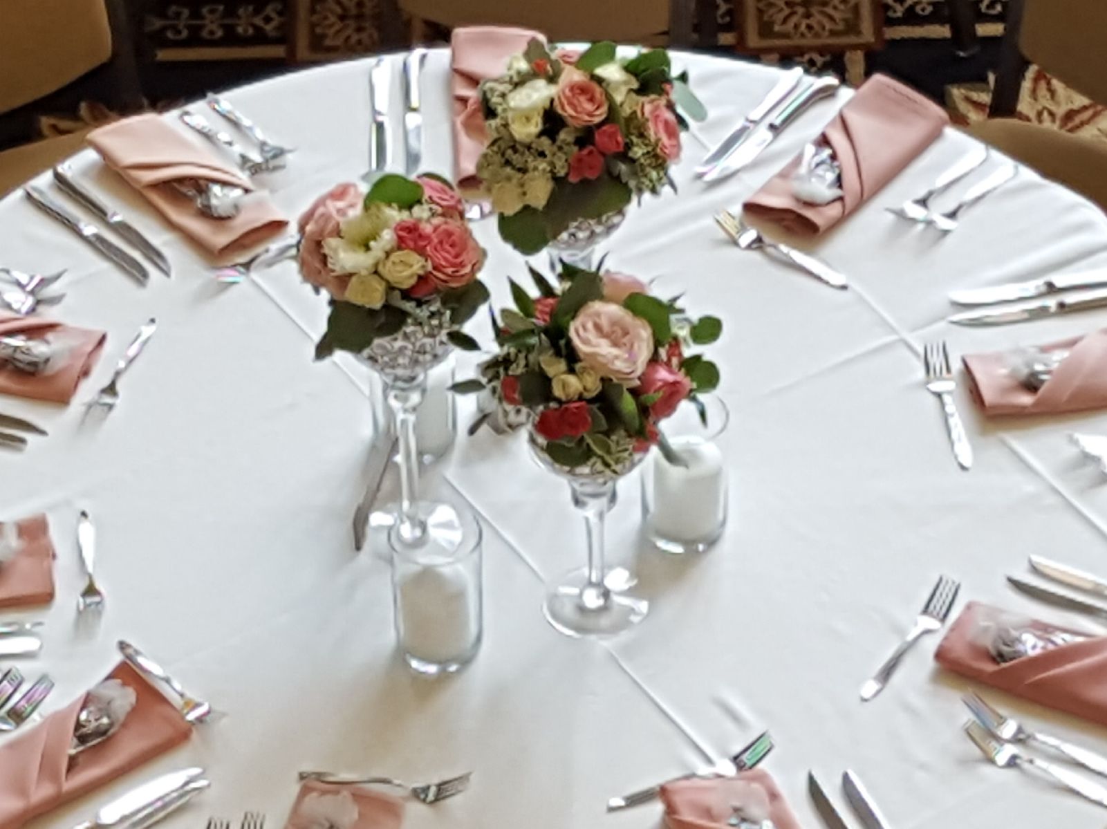 wedding, reception, décor, flowers, low centerpiece, romantic, classic, elegant, vase, vases, mercury glass, sconces, pink, roses, Oakhurst Mercury Glass, Oakhurst