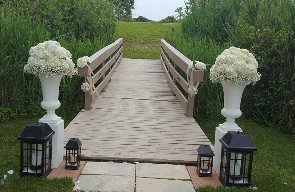 Wedding, flowers, backyard, classic, romantic, rustic, ceremony, aisles, baby’s breath, hydrangeas, lanterns Romantic Ceremony Flowers