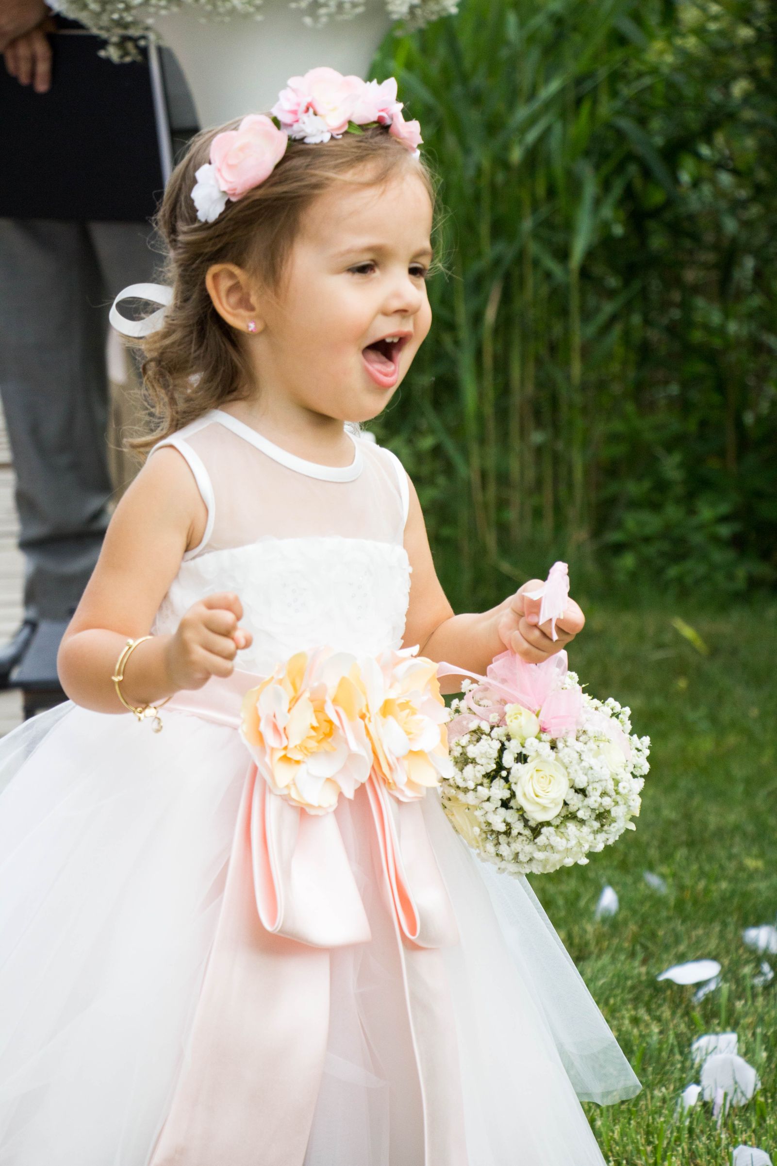 Wedding, flowers, backyard, classic, romantic, rustic, baby’s breath, flower girl, pomander kissing balls Baby's Breath and Roses