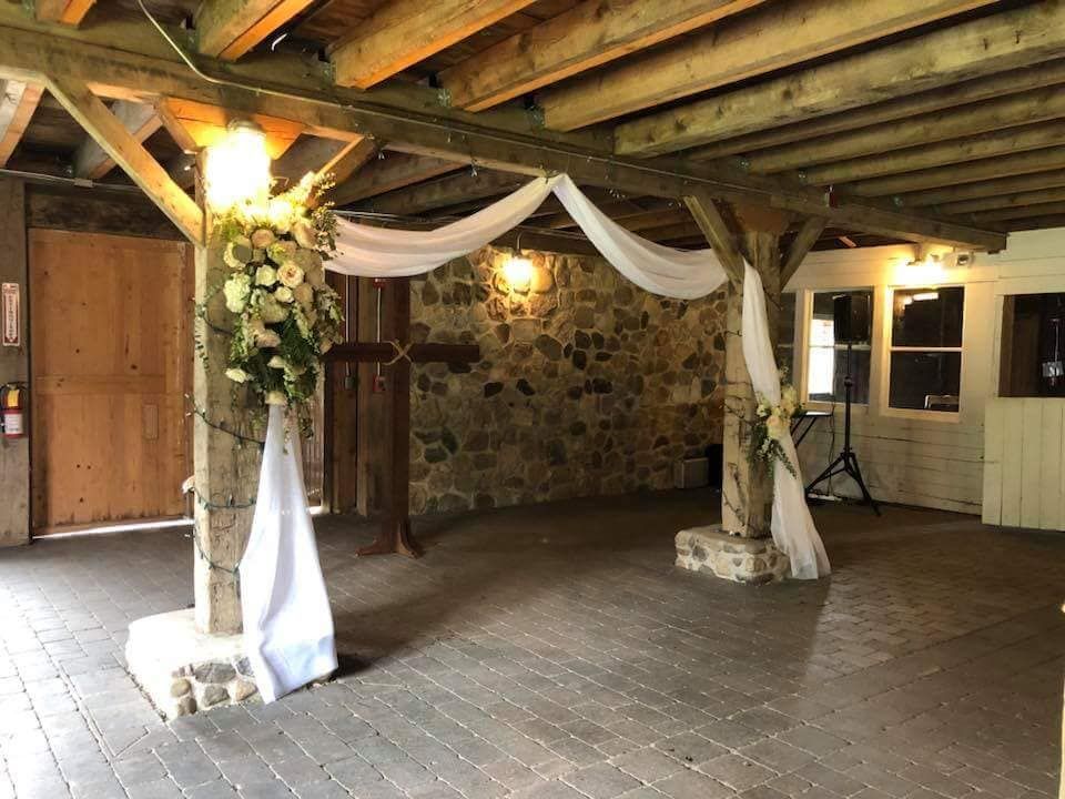 Wedding, ceremony flowers, arbor, rustic, elegance, romantic, garden roses, draped fabric, Ellis Barn Ceremony Flowers, Ellis Barn