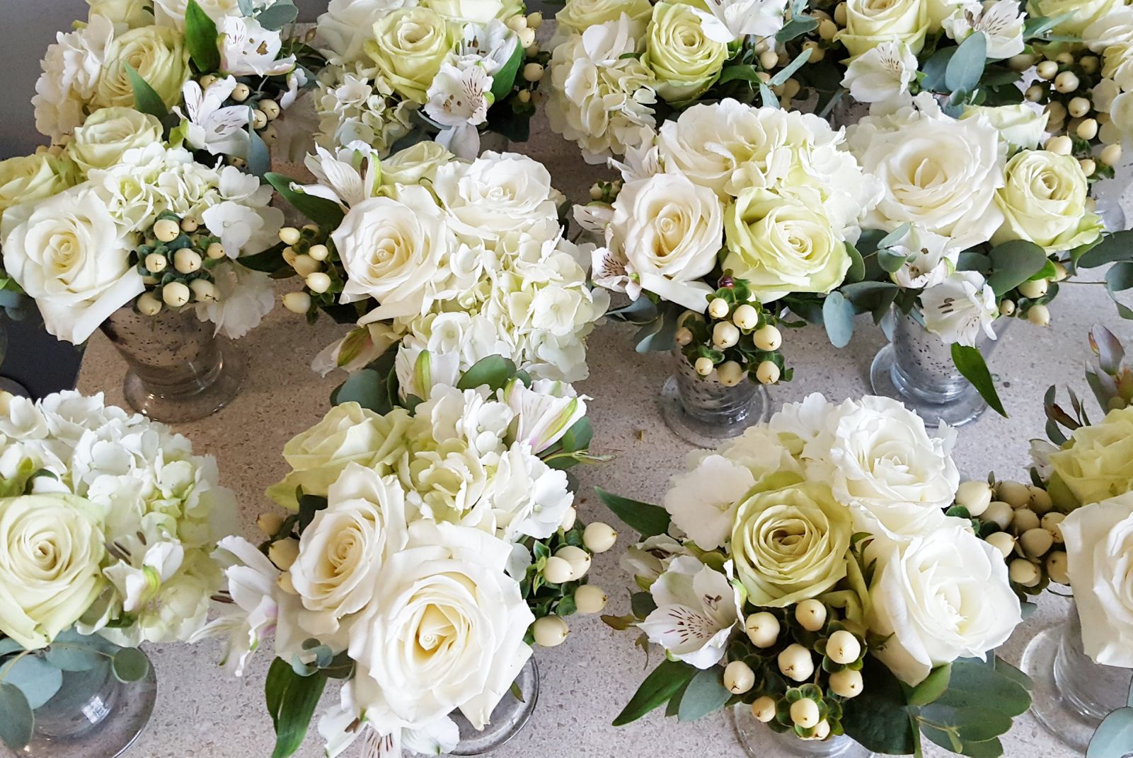 Wedding, flowers, Pine Knob Carriage House, centerpiece, classic, romantic, mercury glass, hydrangeas, garden roses, reception decor Low Centerpieces, Pine Knob