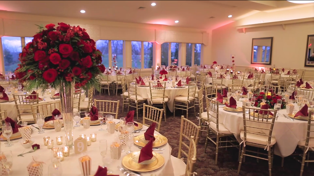 Wedding, flowers, Greystone, venue decor, classic, romantic, candles, red garden roses, tall centerpieces, greenery Red Rose Elevated Centerpiece, Greystone