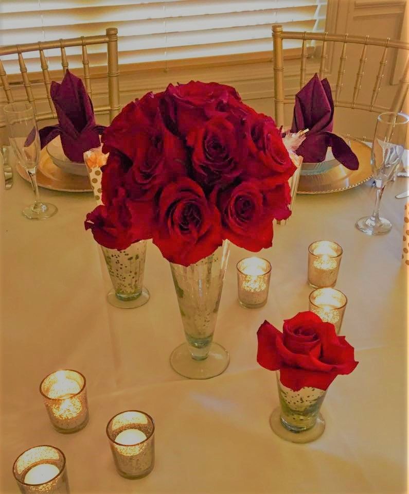 wedding, reception, décor, flowers, low centerpiece, romantic, classic, vase, vases, mercury glass, red roses, Greystone Red Roses, Greystone