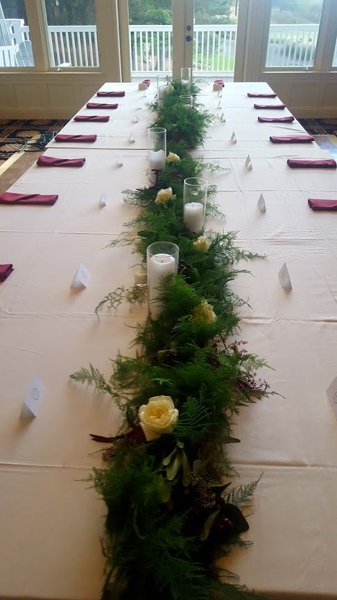 Wedding, flowers, reception, venue, décor, captain's table, candles, classic, traditional, rustic, elegant, romantic, greenery garland, Oakhurst Head Table, Oakhurst