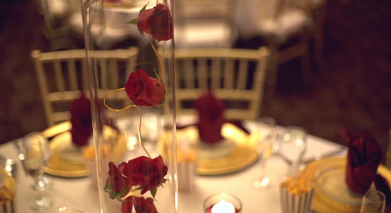 Wedding, flowers, Greystone, venue decor, classic, romantic, candles, red garden roses, tall centerpieces, greenery Cylinder with Floating Roses, Greystone