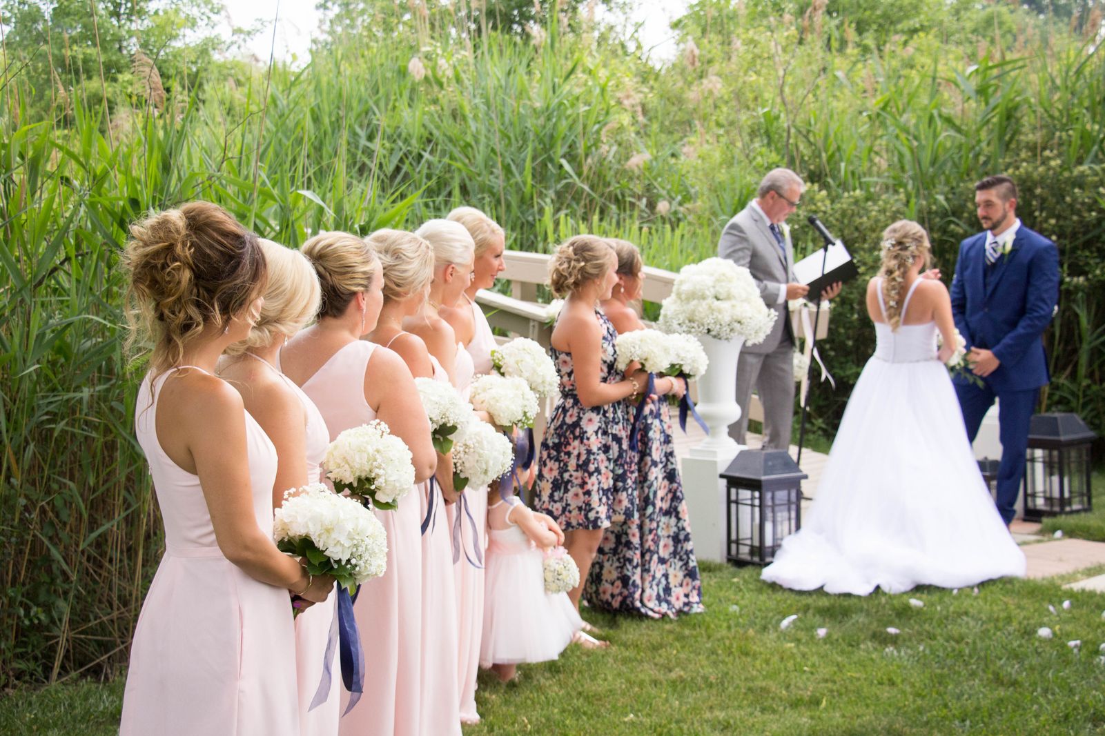 Bridesmaid, bridesmaids, bouquet, bouquets, classic, romantic, hydrangeas, baby's breath, ribbon streamers, backyard wedding Hydrangeas and Baby's Breath