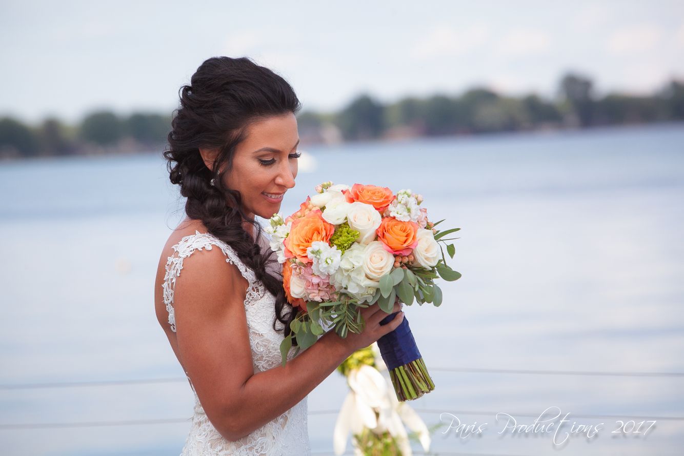 Wedding, flowers, bouquet, bouquets, bride, classic, romantic, lake, backyard, garden roses, greenery Coral Garden Rose Bridal Bouquet