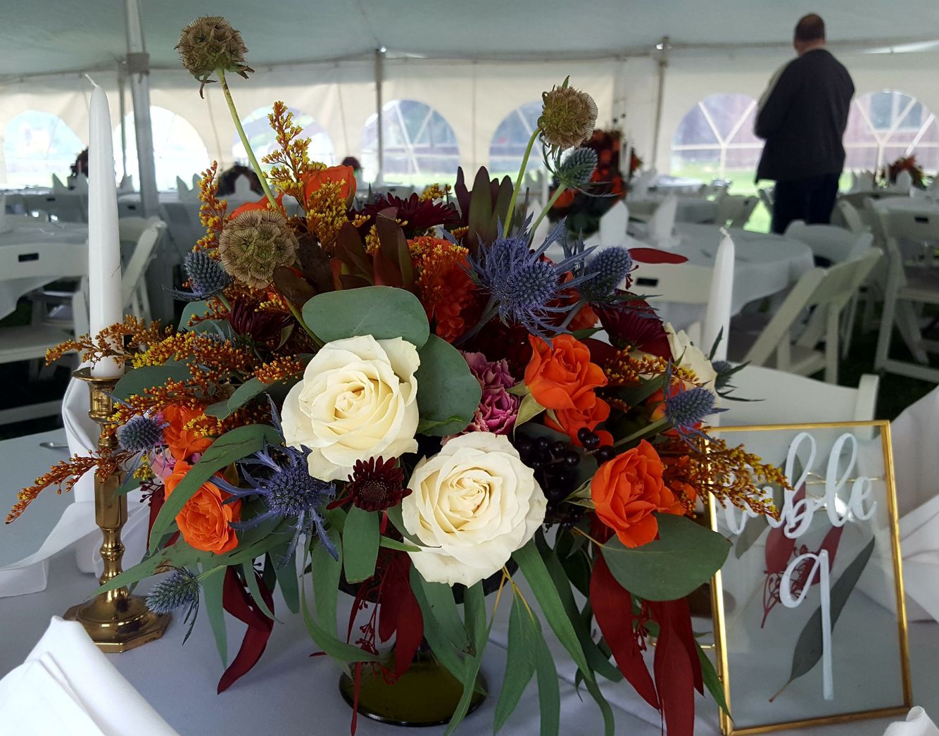 wedding, reception, décor, flowers, low centerpiece, romantic, rustic, boho, vintage, eclectic, vase, vases, roses, thistle, dahlias Centerpiece, Hunter's Creek
