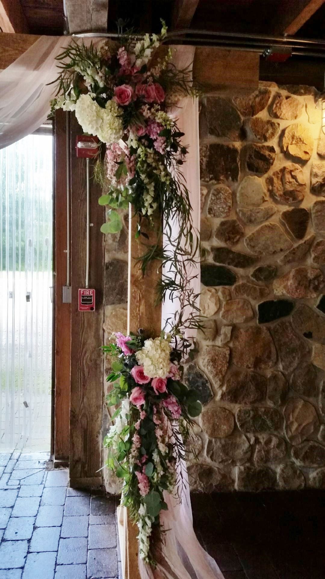 Wedding, ceremony flowers, arbor, rustic, elegance, romantic, roses, greenery, eucalyptus, draped fabric, Ellis Barn Arbor, Ellis Barn