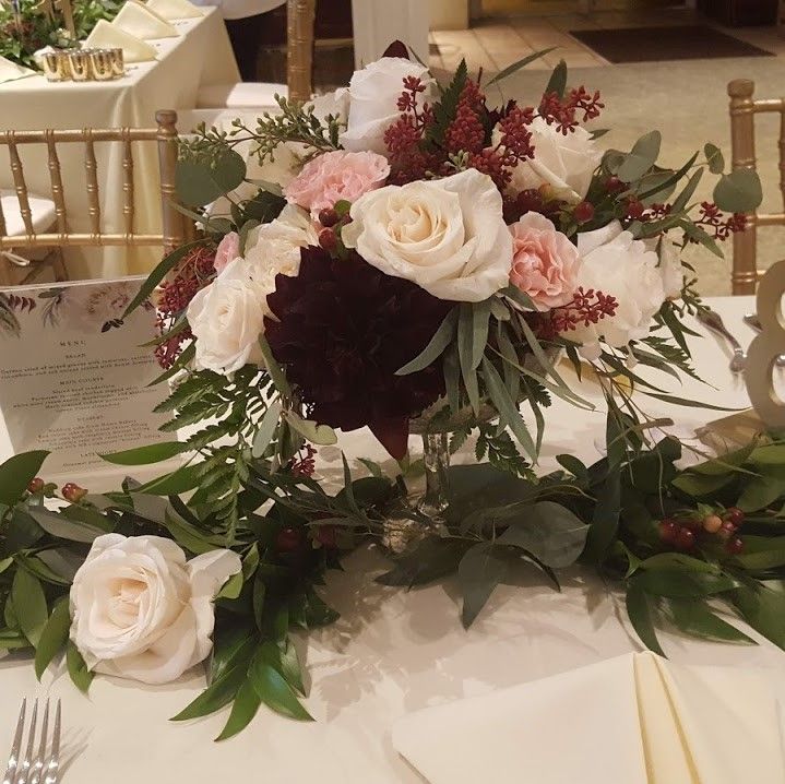 wedding, reception, décor, flowers, low centerpiece, romantic, classic, mercury glass, compote bowl, dahlias, roses, burgundy, blush, eucalyptus, Shepherd's Hollow Compote, Shepherd's Hollow