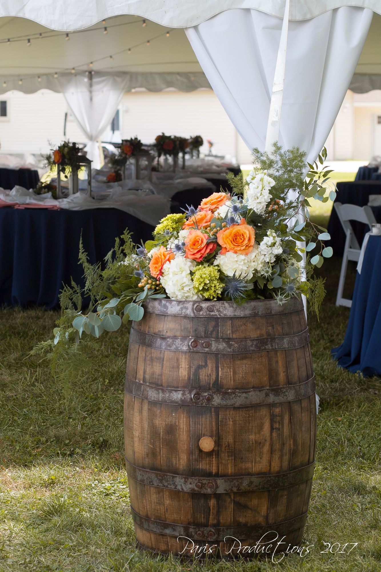 Wedding, flowers, classic, romantic, lake, backyard, wedding venue decor, wine barrel, rustic Reception Entrance Flowers