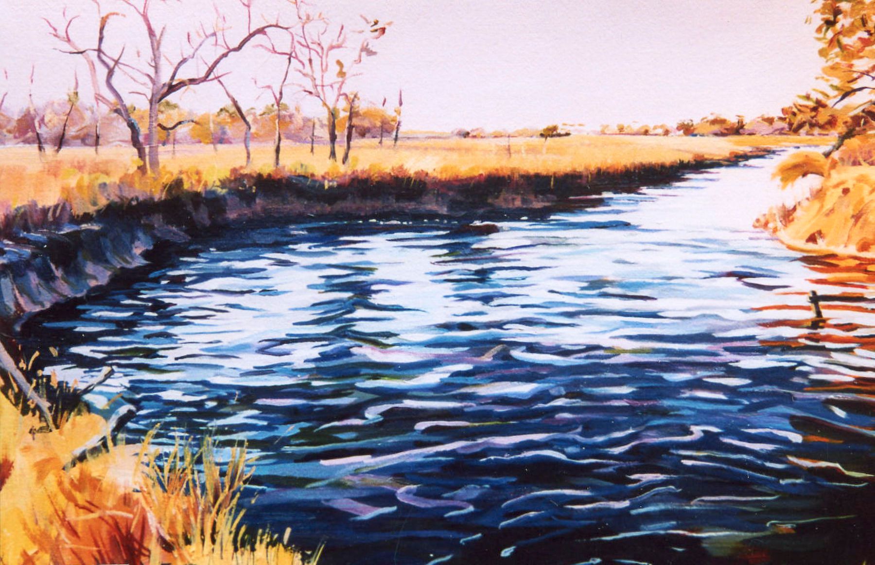 OIL AND OIL PASTEL ON PAPER 22 X 30  FRAMED UNDER GLASS  $1600 BELOW THE RICE FIELDS I