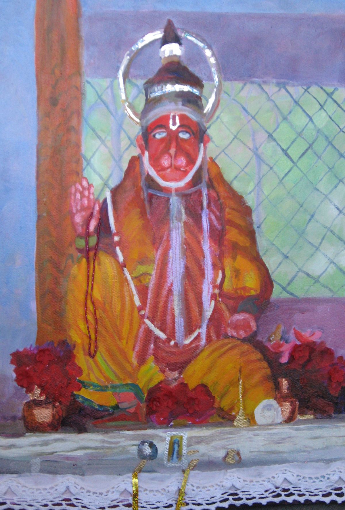 OIL, COPPER LEAF, AND COLLAGE ON CANVAS 18X24 UNFRAMED $600 HANUMAN