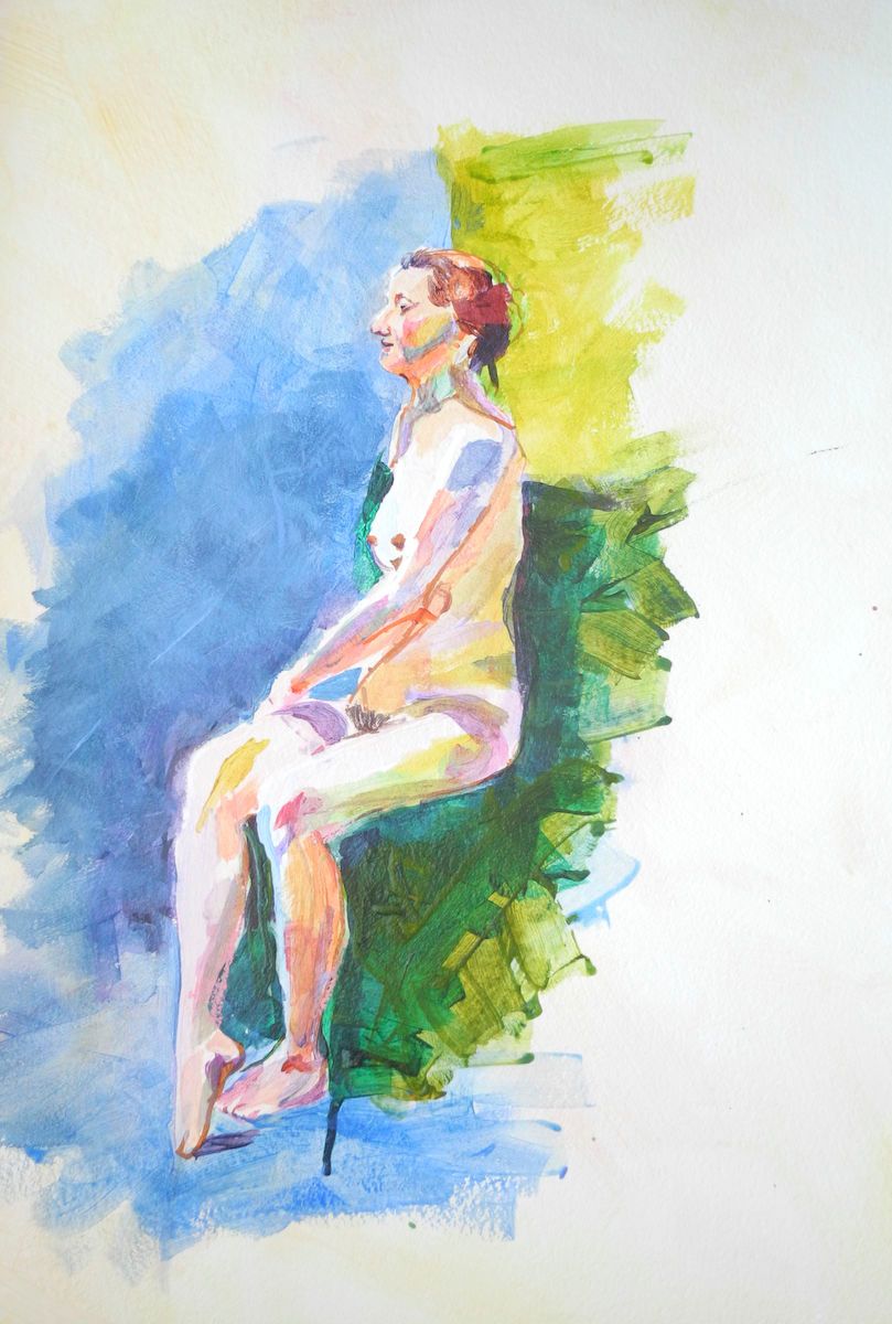ACRYLIC ON PAPER 29 X 17   FRAMED UNDER GLASS $975 SEATED FIGURE WITH POINTED TOE