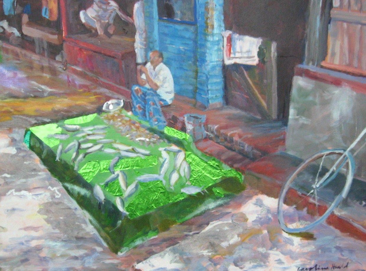 OIL AND COLLAGE ON CANVAS 18 X 24  UNFRAMED  $600  FISHMONGER