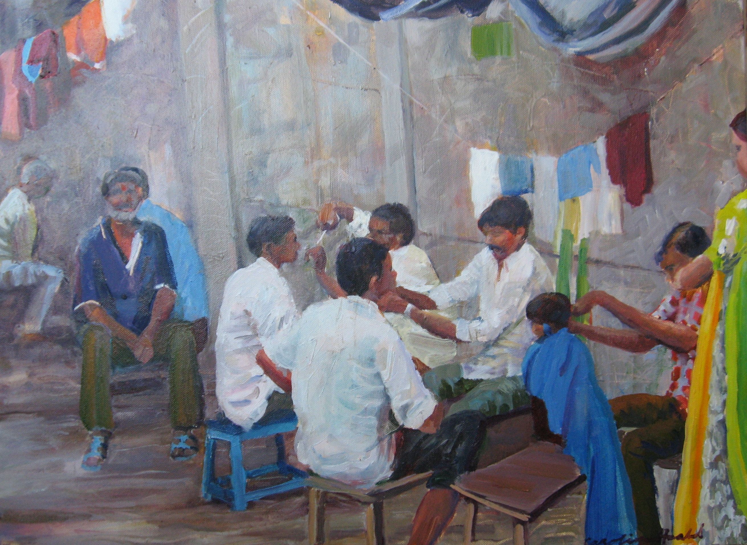 OIL ON CANVAS 18X24  UNFRAMED $600  KALIGHAT BARBERS