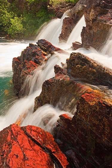 Glacier National Park, Montana Cascade on Crimson, Red Rock Falls