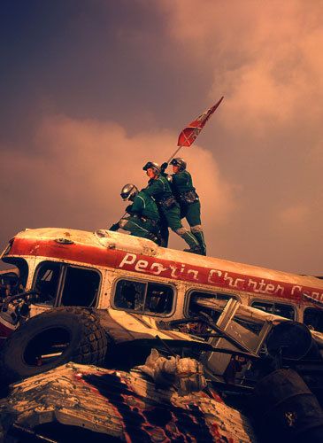 National ad campaign for the T.V. show Junkyard Wars. Raising the Flag