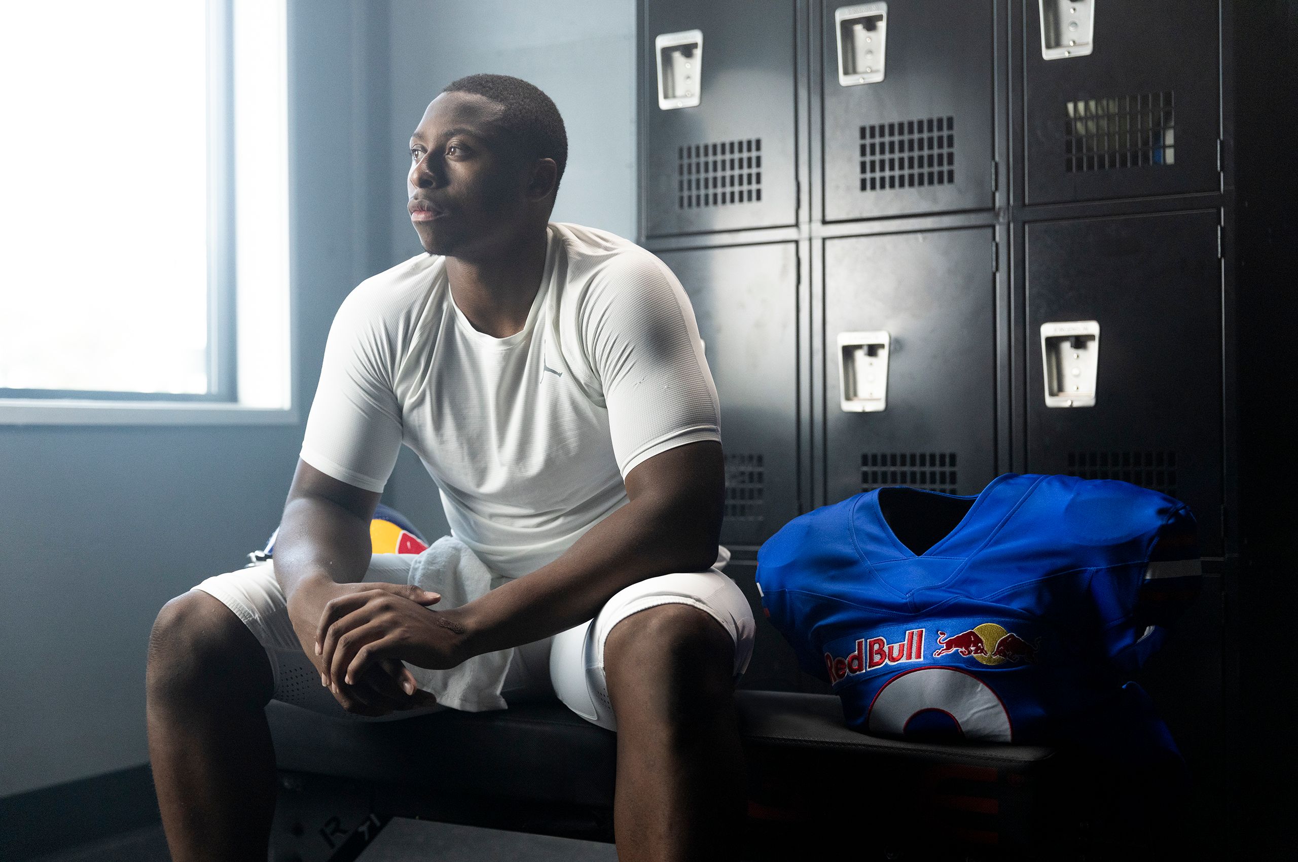DJ Lagway prepares before the game in the locker room. DJ Lagway
