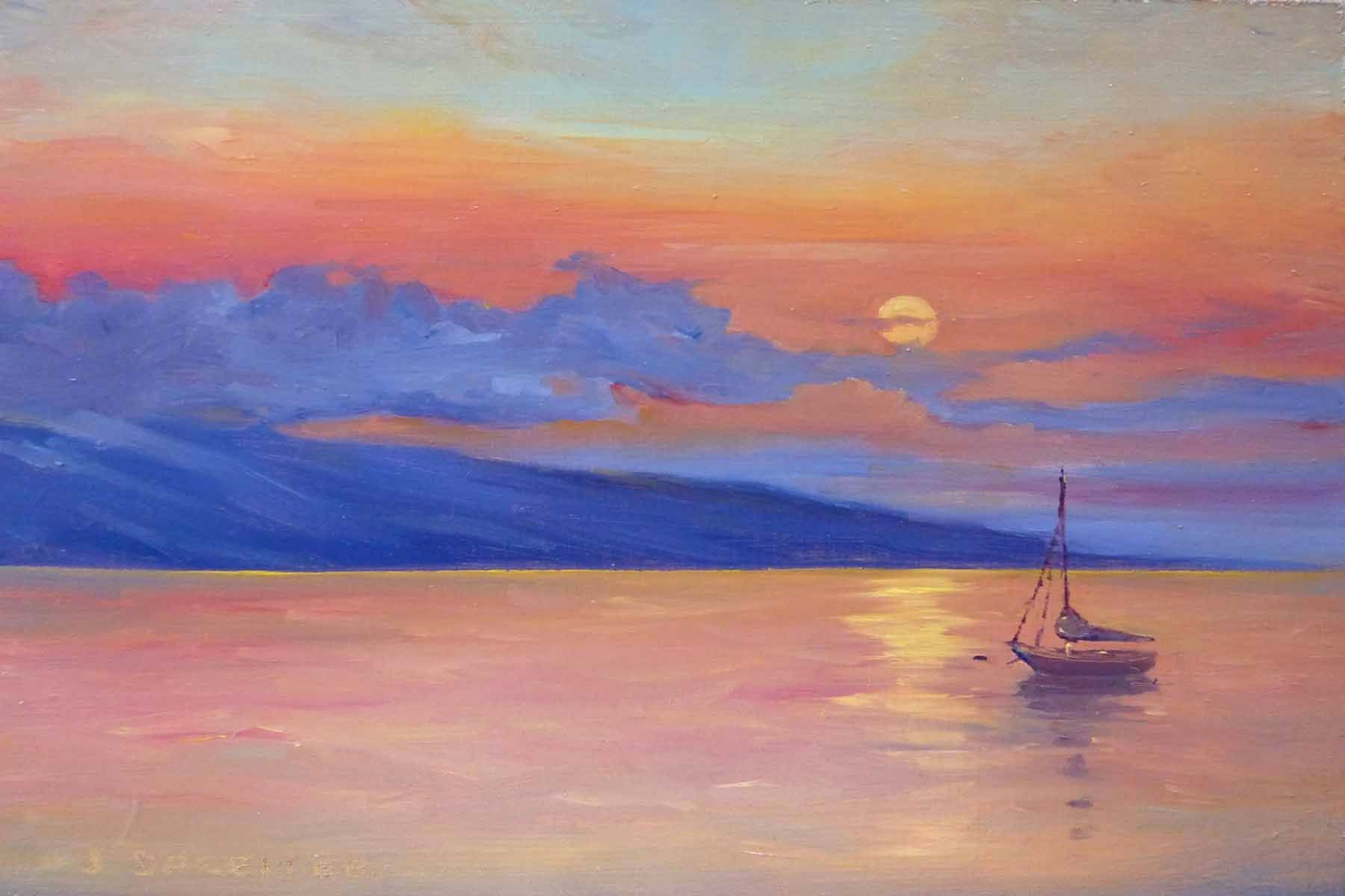 Original oil on panel 6"x8" Super Harvest Full Moon Setting