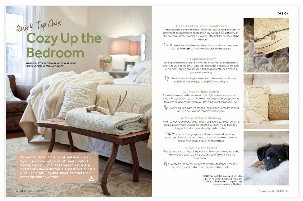 Dabble MagazineIssue 6, 2011Cozy Up the Bedroom / Quick Tip Chix