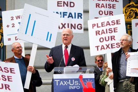 John K. Stewart, Chairman of The John Stewart Company, who heads the coalition, is a key speaker at the rally at City Hall on Tax day, in San Francisco, California on  April 17, 2012. taxus18.jpg