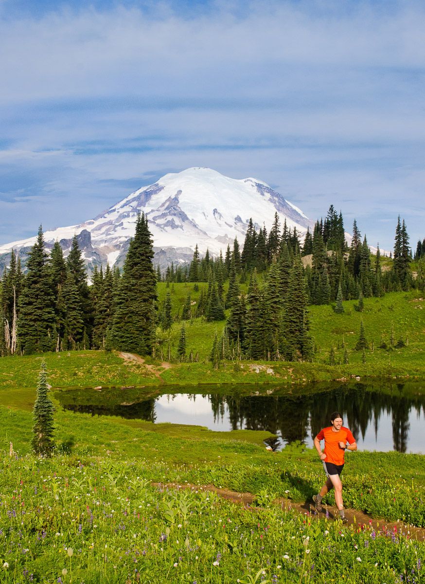 Man Trail Running with Mount Rainier in Background