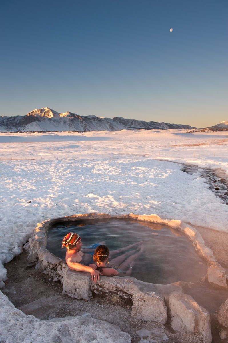 Eastern Sierra Hotsprings, California Couple Enjoys a Sunrise Soak