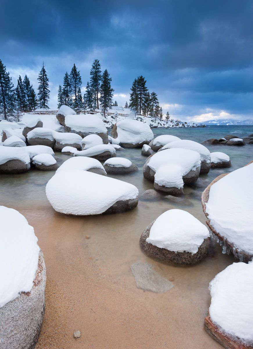 Fresh Snow Covering Boulders at Sand Harbor