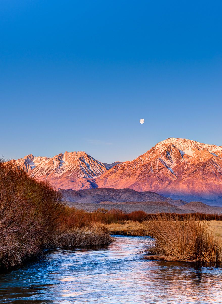 Full Moon at Sunrise over Eastern Sierra and Owens River