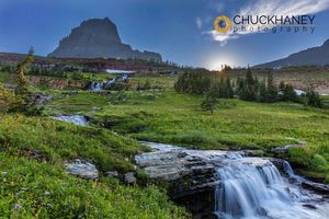 Oberlin Creek with setting sun and Oberlin Mountain in Glacier National Park, Montana, USA Oberlin_creek_sunstar_400.jpg
