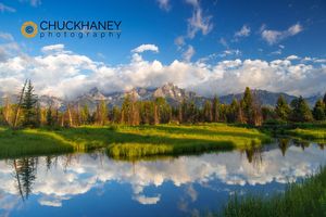Teton mountains relfect in Schwabacher Landing on the Snake River in Grand Teton National Park, Wyoming, USA Grand Teton